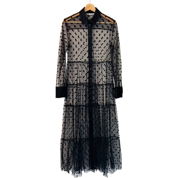 ZARA Sheer Polka Dot Tulle Button Down Short Dress in Black Size XS - Picture 5 of 9